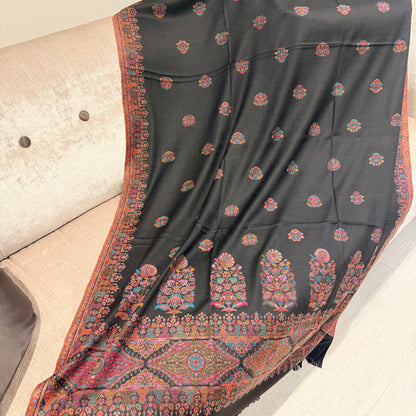 Black Kani Wool Shawl - Multifloral Border Booti Design for Everyday Wear