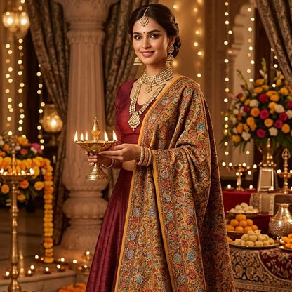 Mustard Yellow Sozni Wool Shawl - Jamawar Rose Embroidered Wrap for Evening Wear