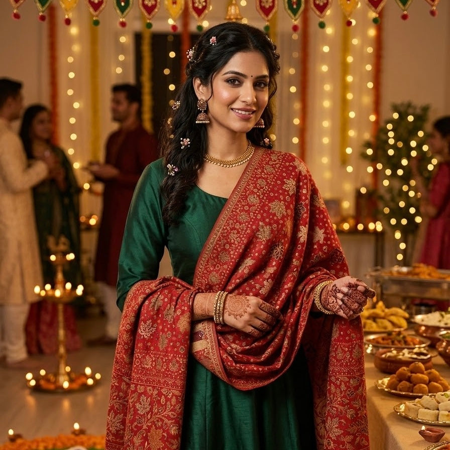 Red Kani Wool Shawl – Multifloral Design for Everyday Wear