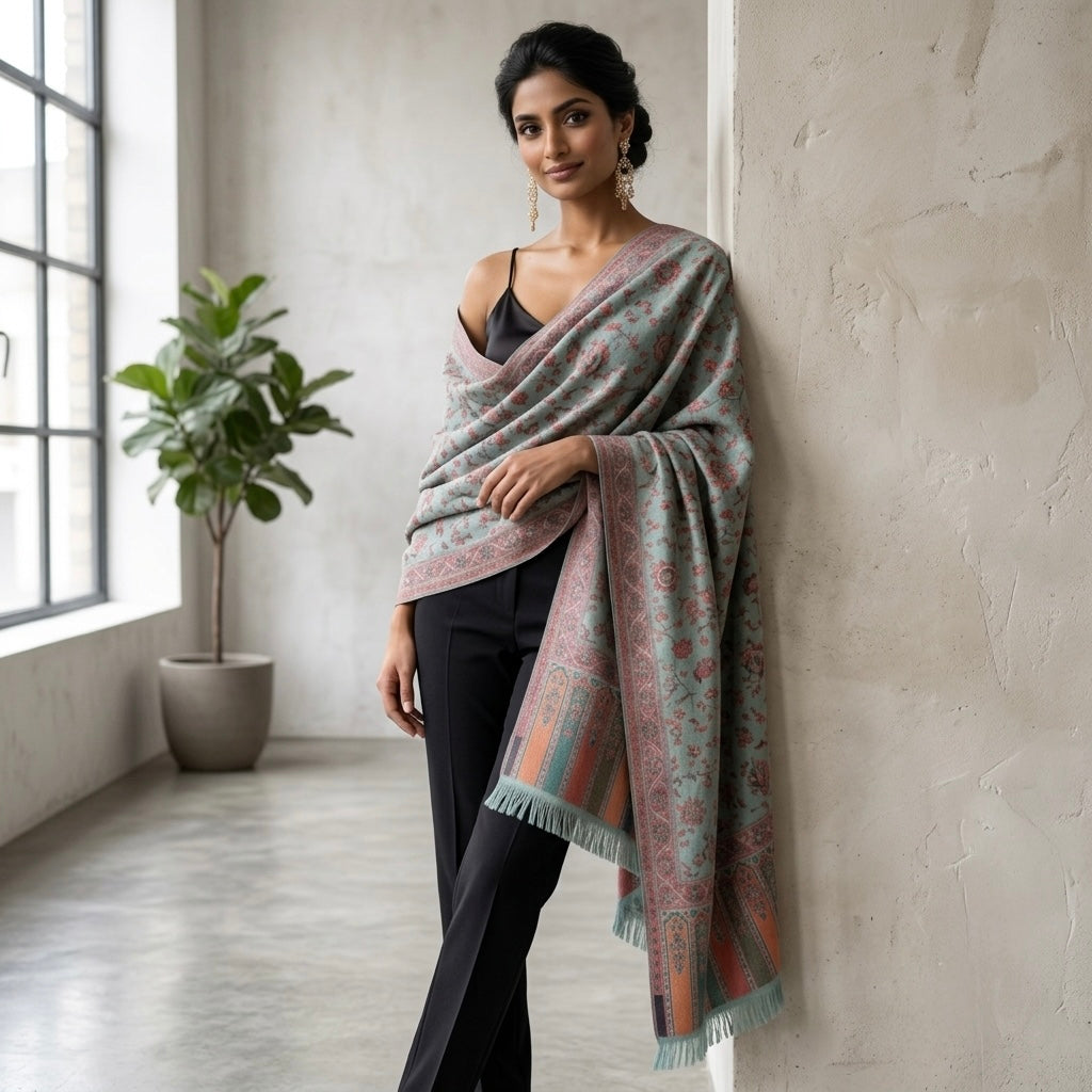 A woman stands in a minimalist room with a textured plaster wall, leaning against it while wearing a large patterned shawl draped over her shoulders. The shawl features a muted teal, dusty pink, and rust-orange paisley pattern with fringed edges.