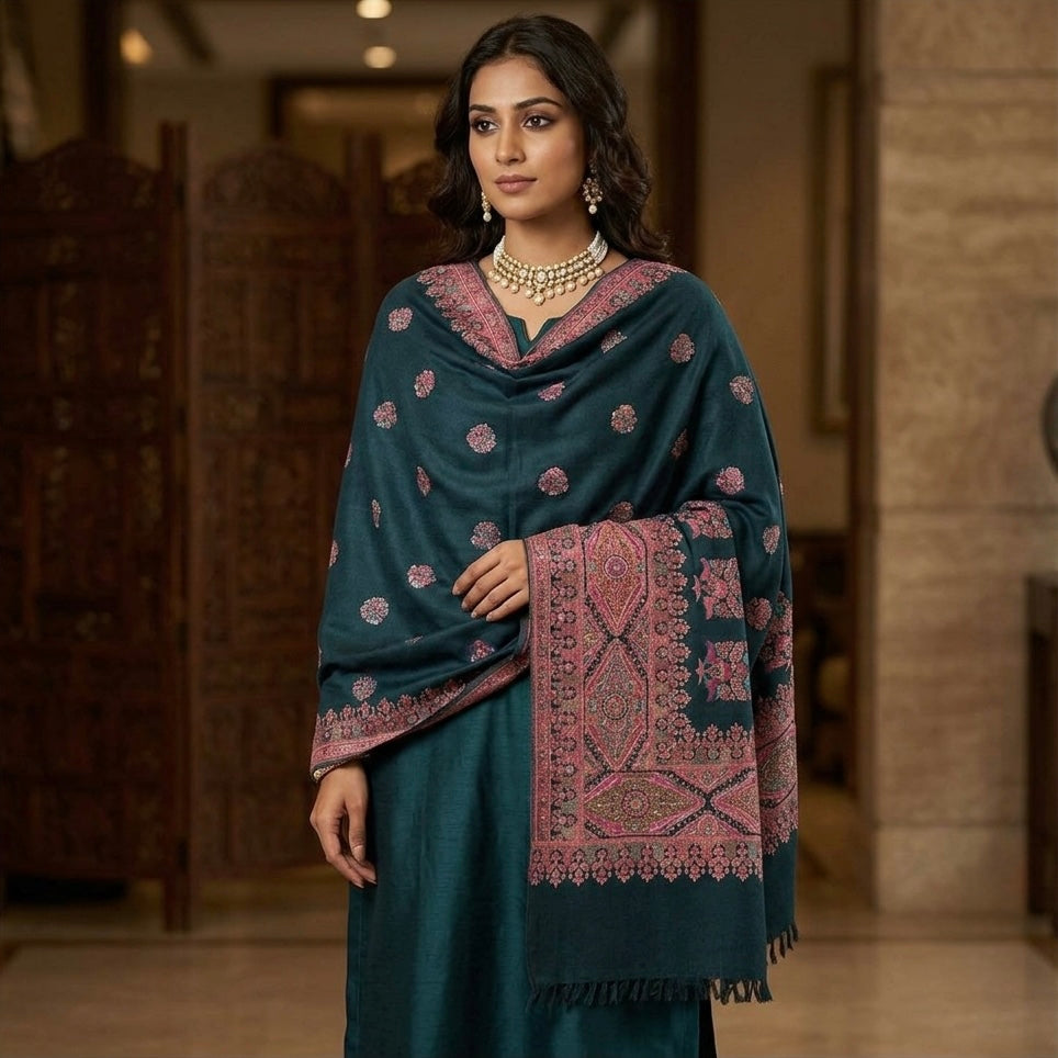 A woman models a dark teal green traditional shawl with pink and purple floral motifs and borders, paired with a matching teal green kurta in an indoor setting.