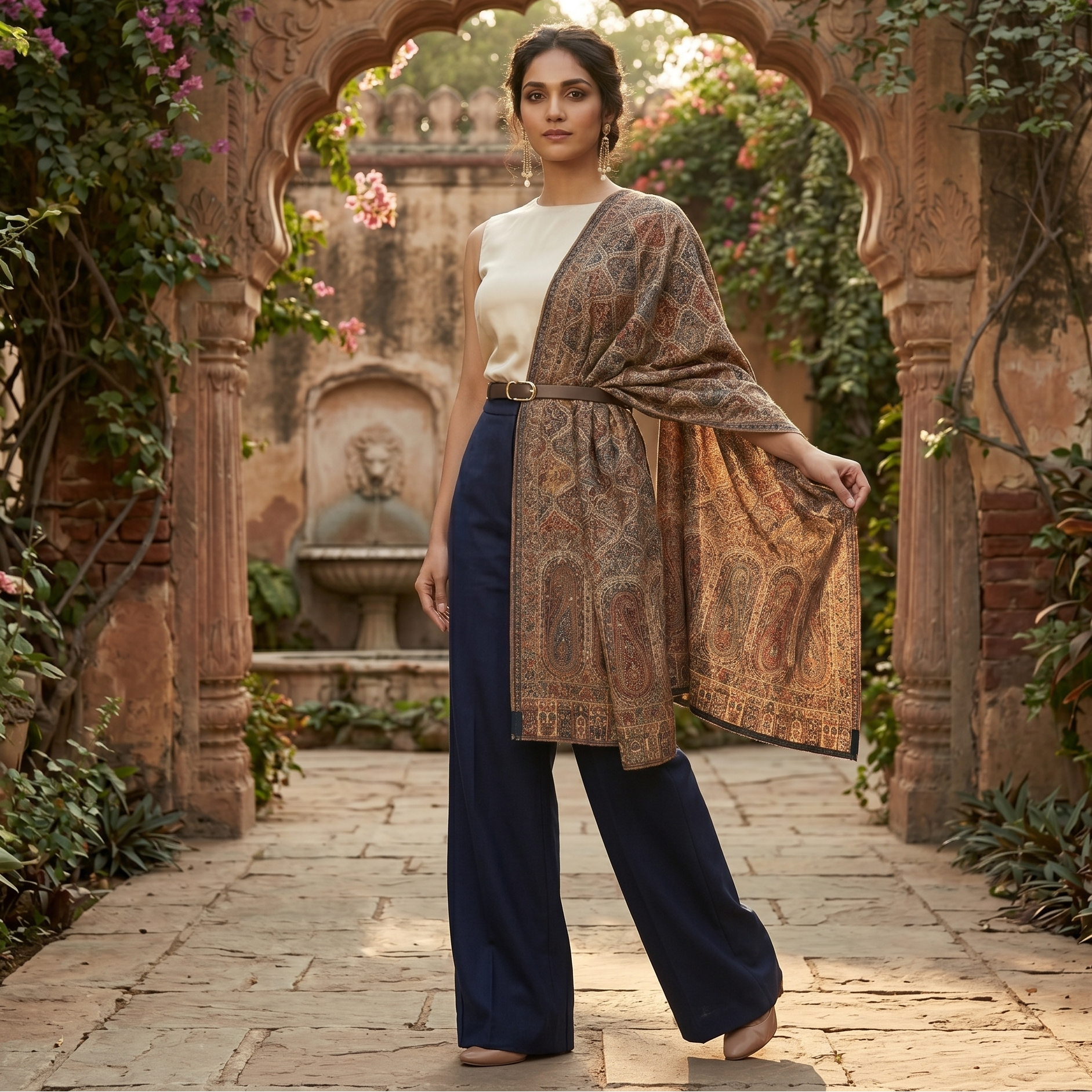 Woman in a patterned shawl and dark pants standing in an ornate garden with a fountain.