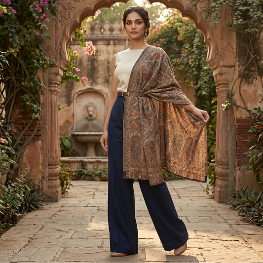 Woman in a patterned shawl and dark pants standing in an ornate garden with a fountain.