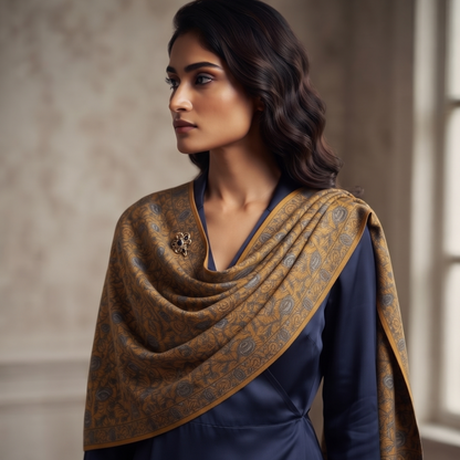 A woman wearing a navy blue dress with a draped mustard-gold patterned shawl featuring blue paisley motifs, posed in a softly lit indoor setting.