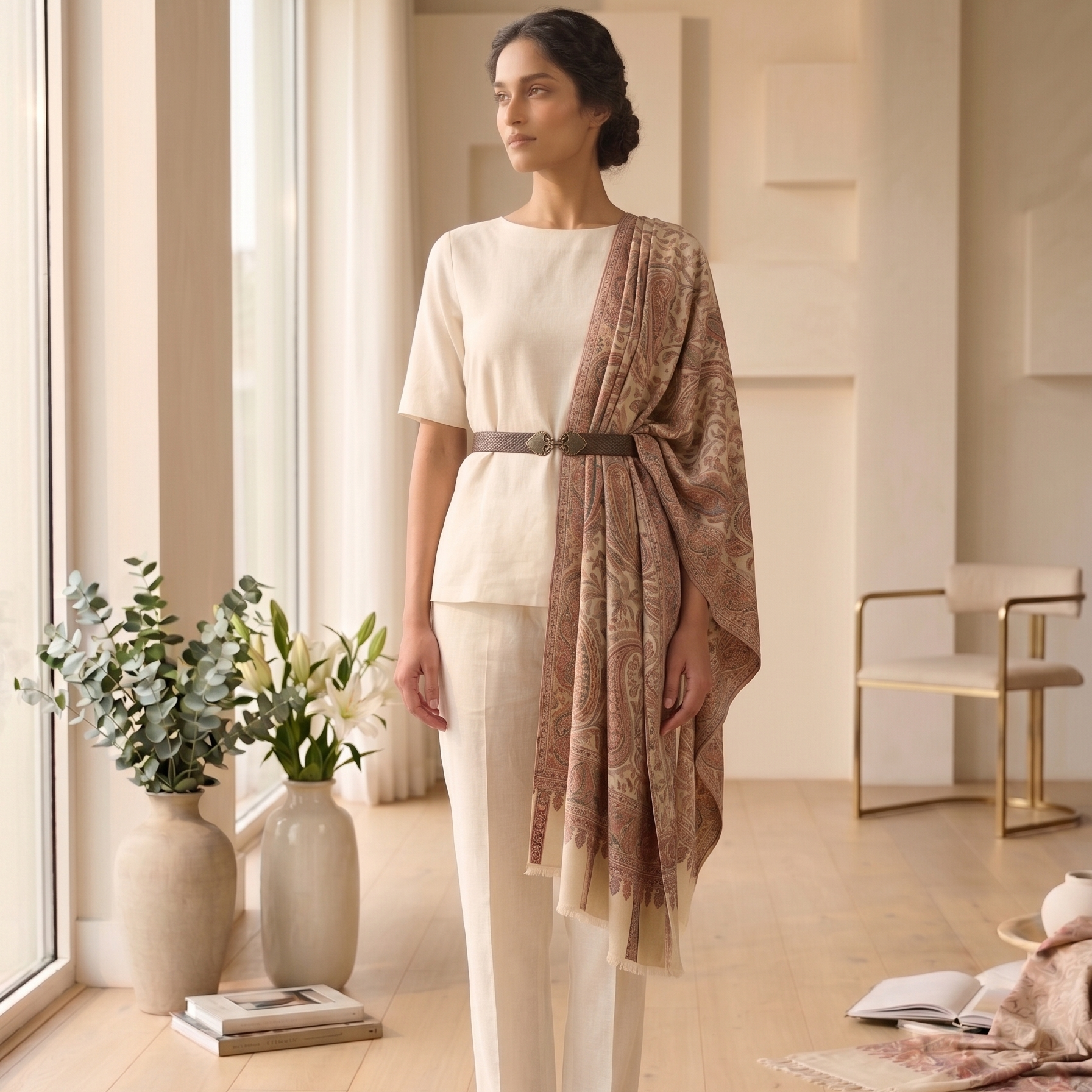 Woman in a white outfit with a brown shawl standing in a bright room with large windows.