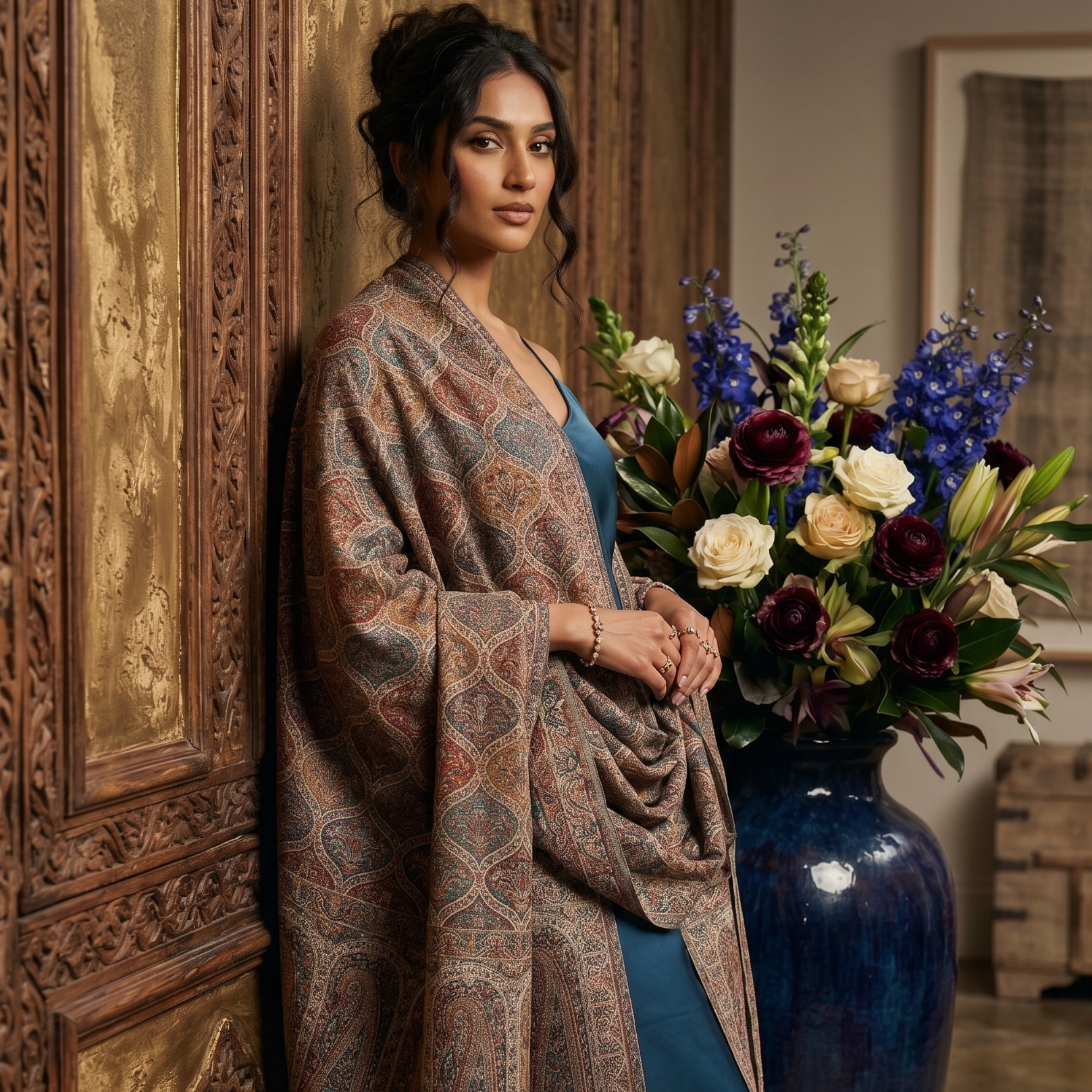 Woman in a patterned shawl standing next to a large vase with flowers in a room with wooden walls.