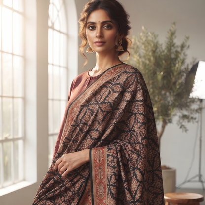 A woman stands indoors wearing a dark brown and black patterned shawl draped over a deep maroon dress. The room has tall arched windows, soft natural light, and a potted plant in the background.