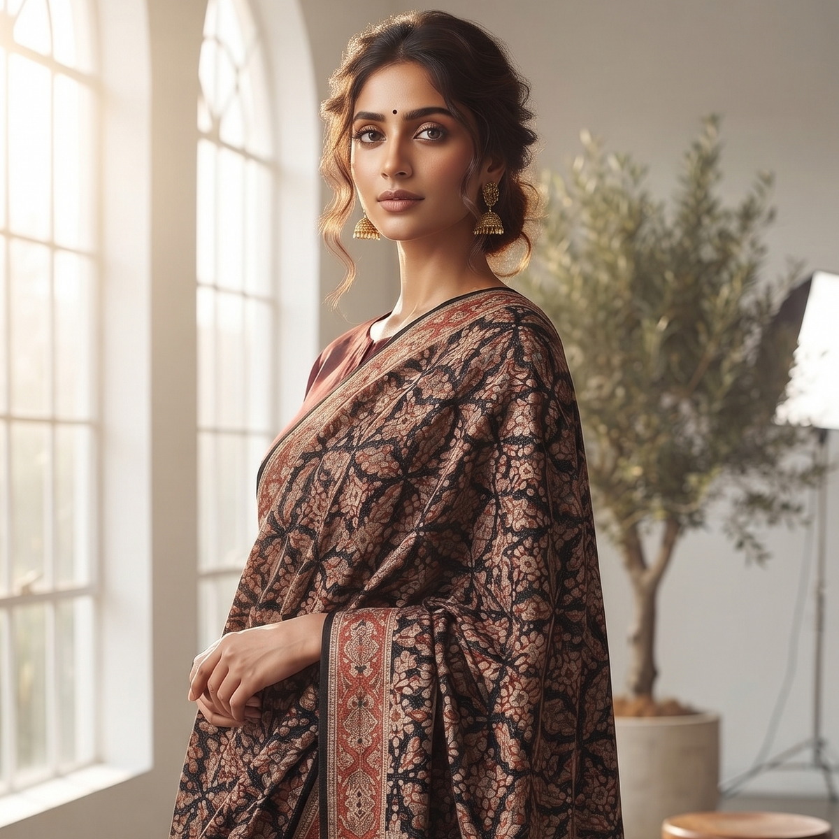 A woman stands in a bright indoor room wearing a dark brown and black heavily patterned shawl over a deep maroon dress. The shawl features intricate floral motifs and striped borders.