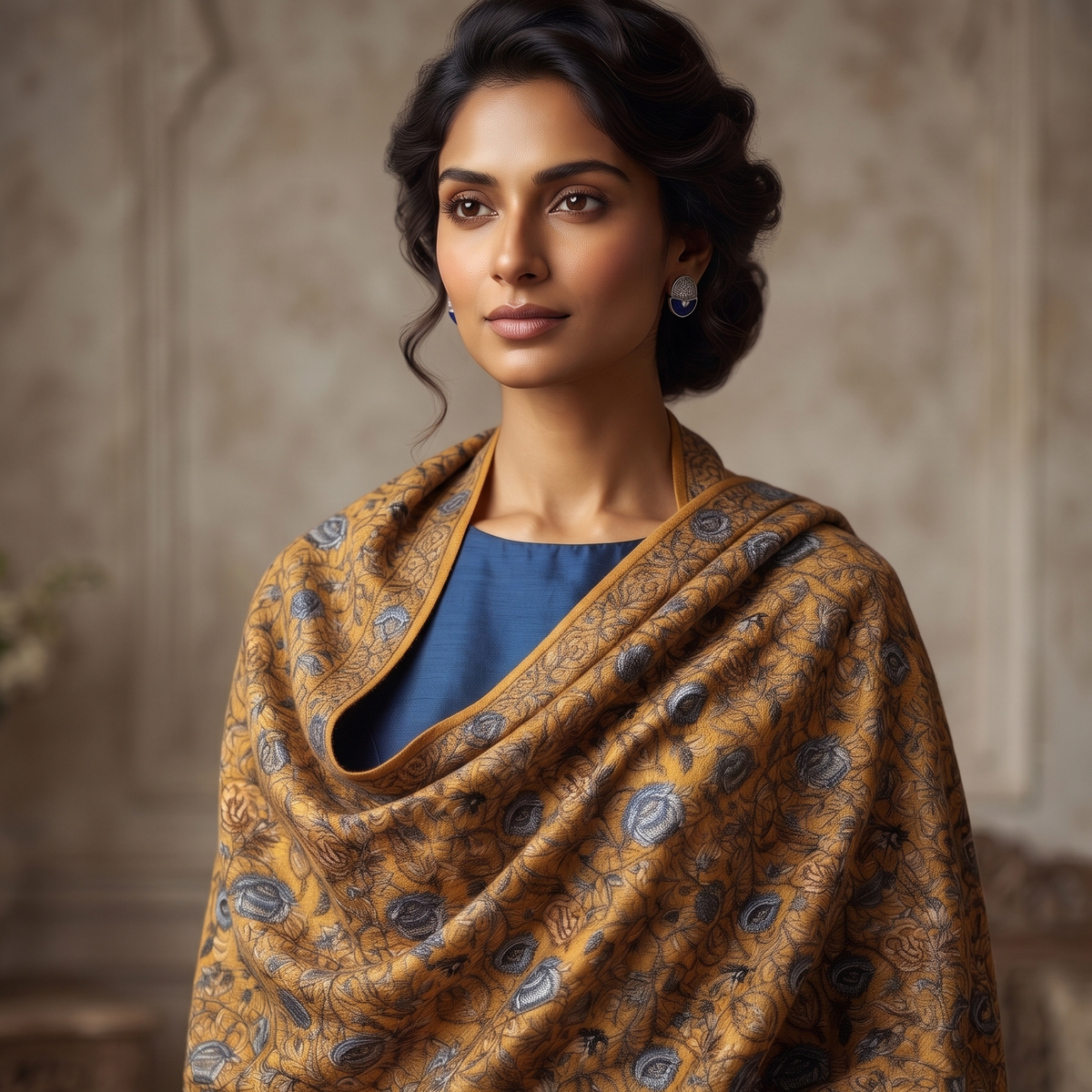 A woman wearing a draped mustard yellow shawl with blue paisley patterns over a blue top, set against a soft-focus classical stone wall background.