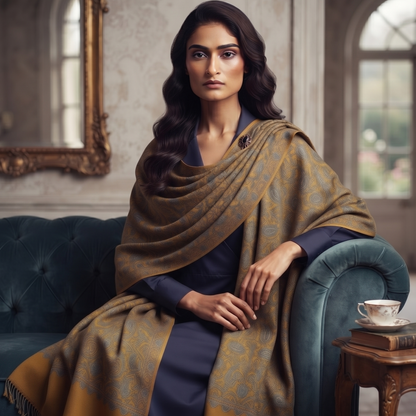 A woman seated on a teal velvet sofa in an elegant interior, draped in a mustard-gold and taupe patterned shawl over a navy outfit. A small wooden side table with a teacup sits beside her.
