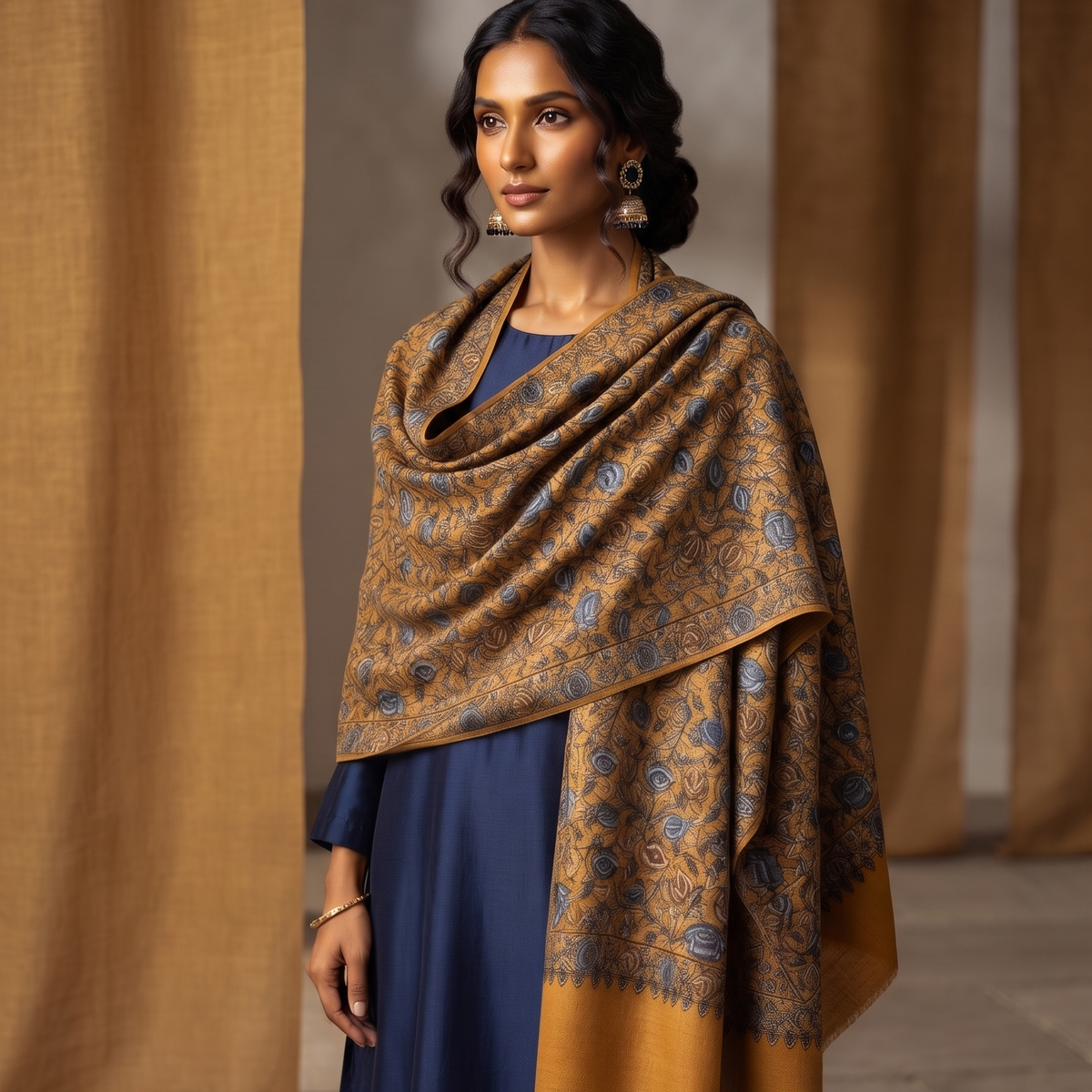 A woman models a draped mustard yellow and brown patterned shawl over a navy blue kurta set, standing in front of a neutral background with draped tan fabric panels.