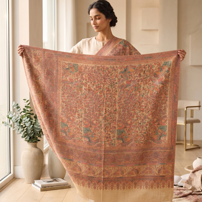 Woman holding a large, patterned scarf in a bright room with large windows.