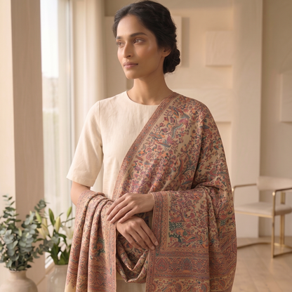 Woman wearing a patterned shawl in a bright room with large windows.