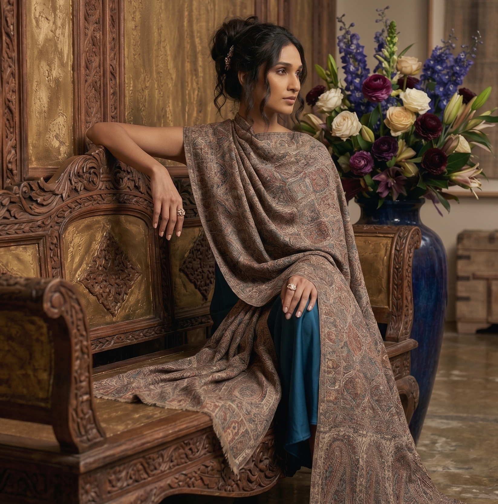 Woman in a patterned shawl sitting on an ornate wooden bench with a floral arrangement in the background.