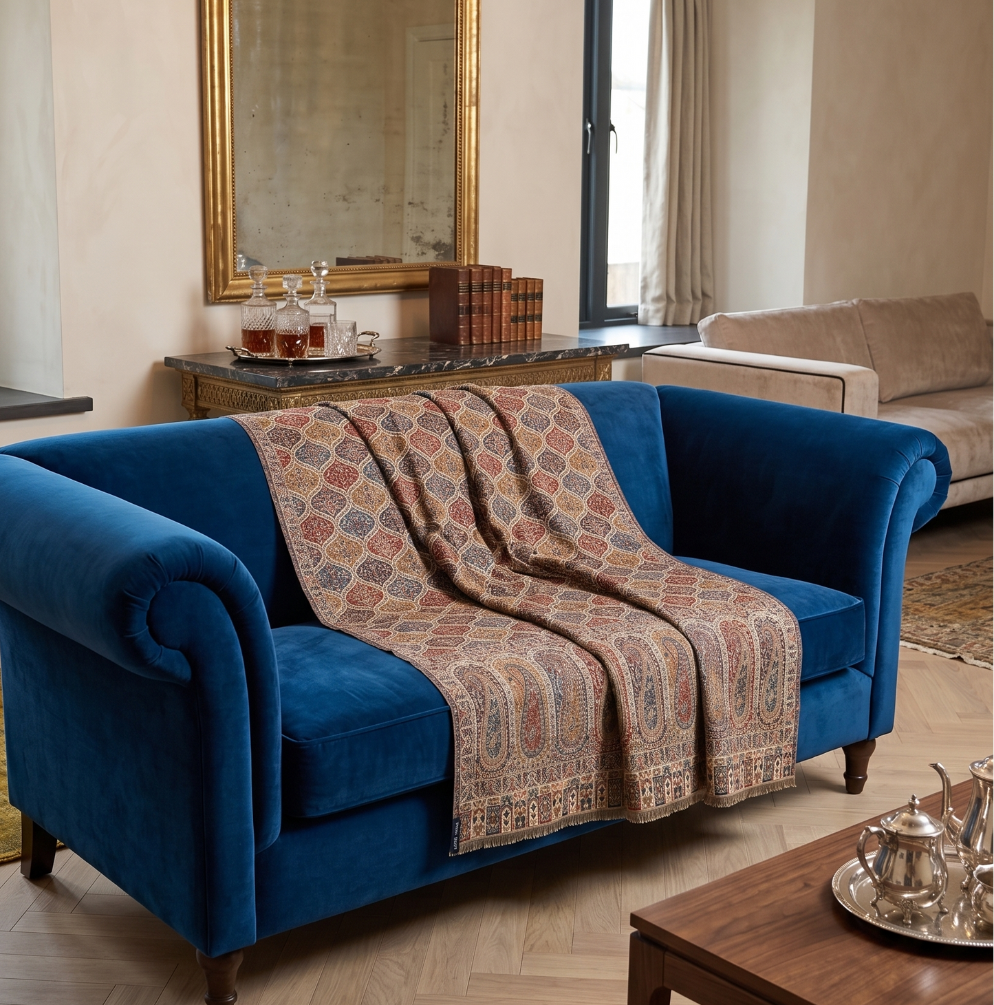 Blue sofa with a patterned throw in a stylish living room.
