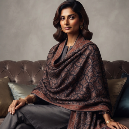 A woman sits on a tufted brown sofa wearing a dark patterned shawl draped over her shoulders, paired with gray trousers, against a neutral textured wall.