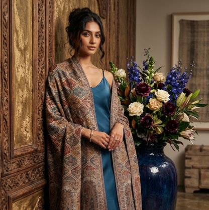 Woman in a patterned shawl over a blue dress standing next to a large vase with flowers.