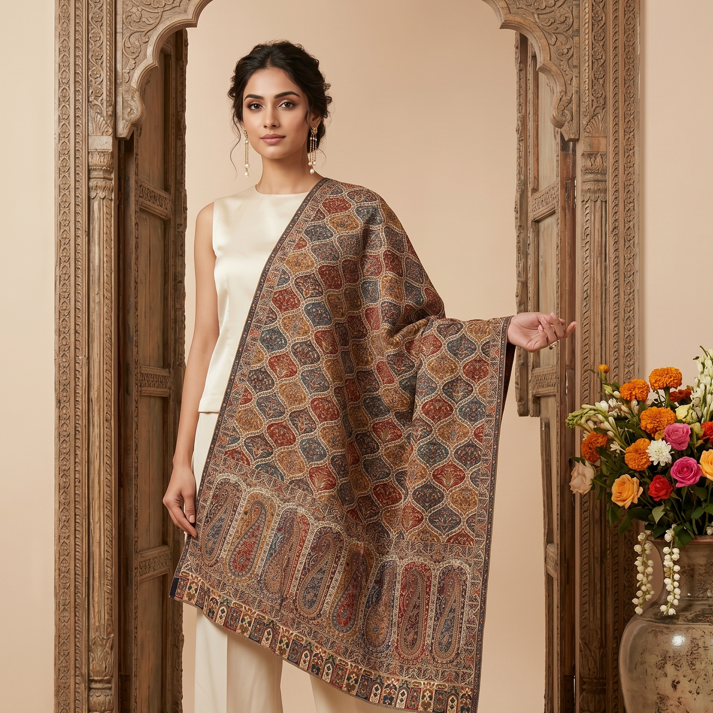 Woman holding a patterned shawl in front of an ornate door with a vase of flowers.