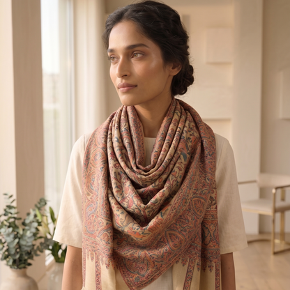 Woman wearing a patterned scarf in a bright room with large windows.