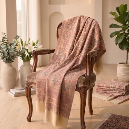 Decorative blanket draped over a wooden chair in a room with plants and a rug.