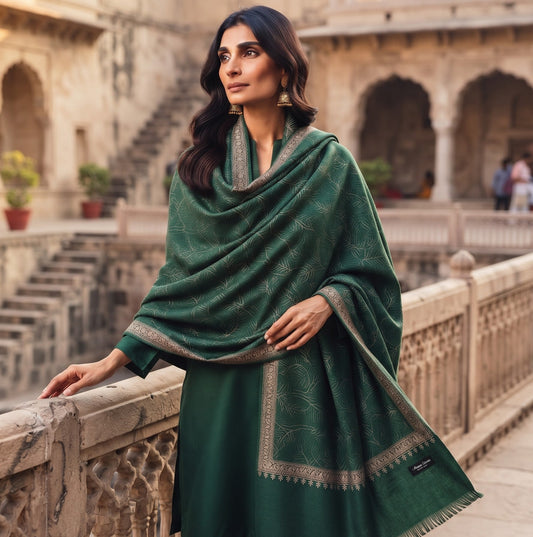 A woman wearing a dark green traditional outfit with a matching draped shawl featuring beige border detailing, standing on a stone terrace in front of historic sandstone arches.