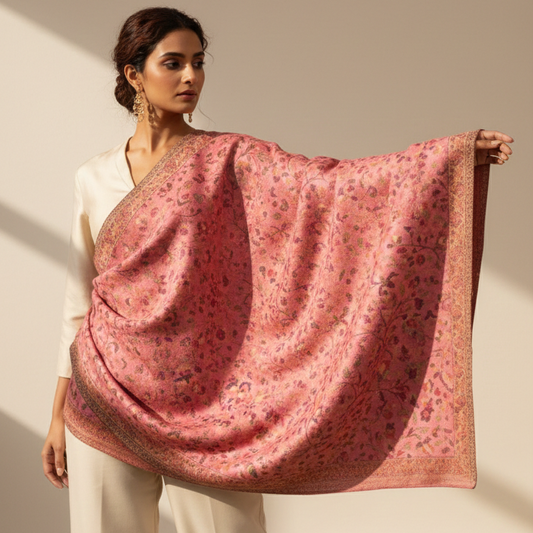 Woman holding a pink floral scarf against a neutral background