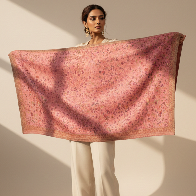 Woman holding a large pink floral patterned fabric against a neutral background