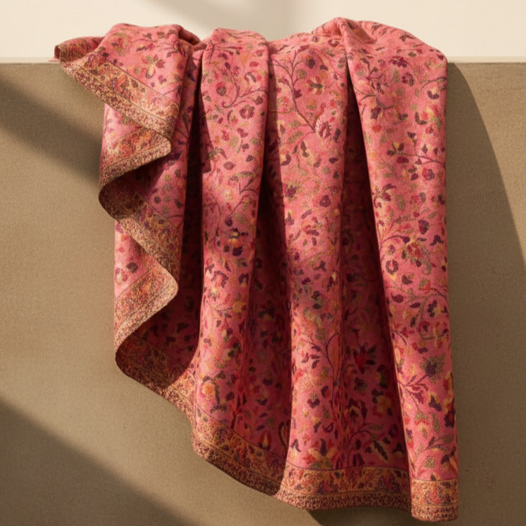 Pink patterned fabric draped over a surface with a neutral background