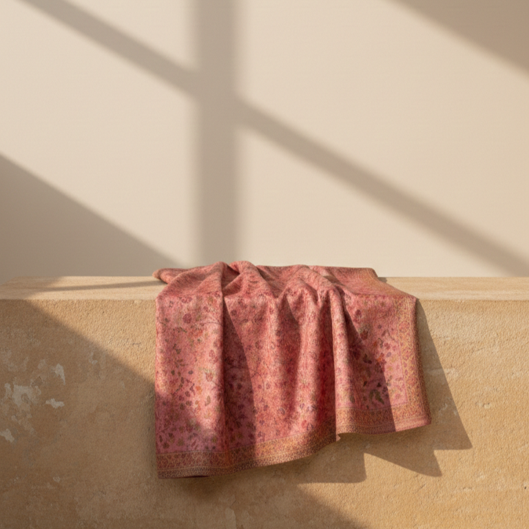 Pink patterned fabric draped over a ledge with shadows on a beige wall