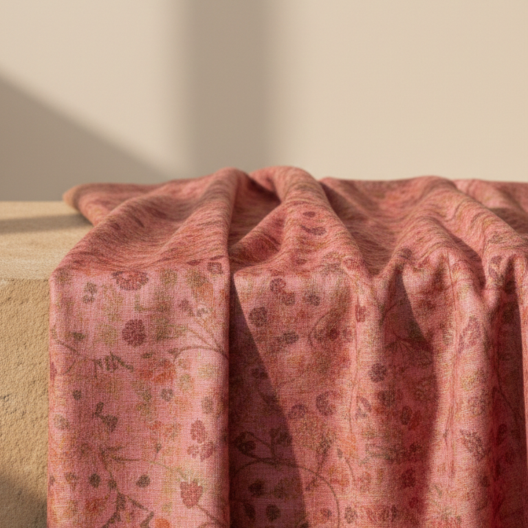 Pink floral fabric draped over a wooden surface with a soft beige background