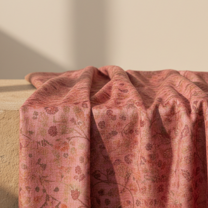 Pink floral fabric draped over a wooden surface with a soft beige background