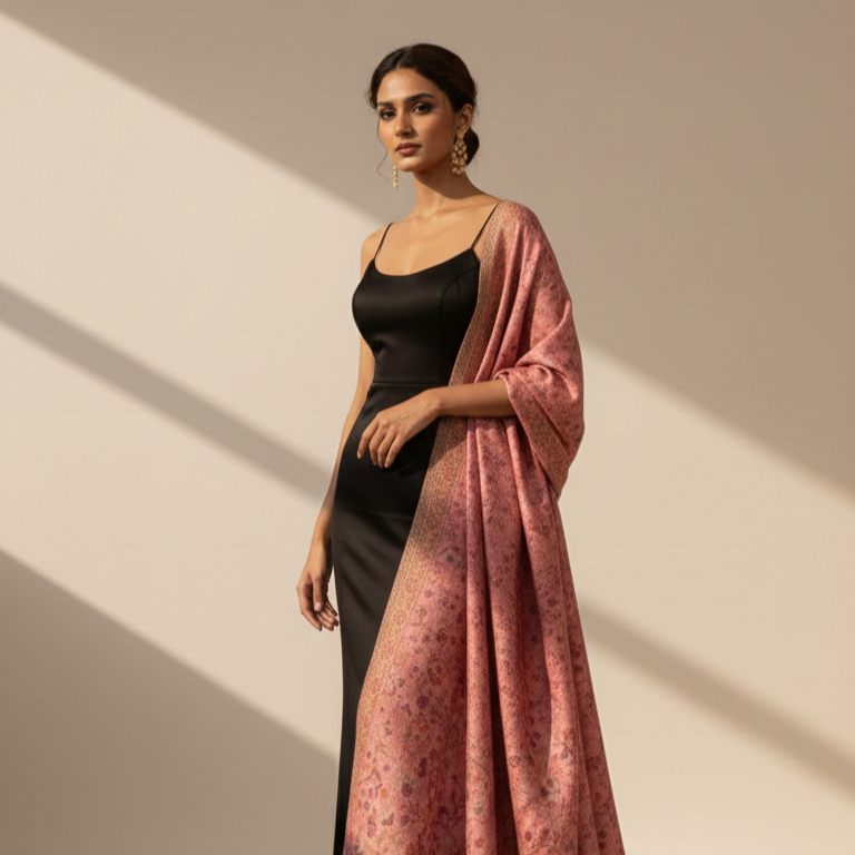 Woman wearing a black dress with a pink floral shawl on a beige background