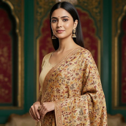 Woman wearing a floral dress with a patterned background
