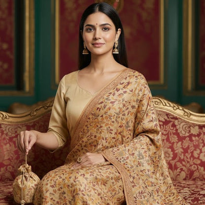 Woman in a floral saree sitting on an ornate couch with a decorative wall in the background