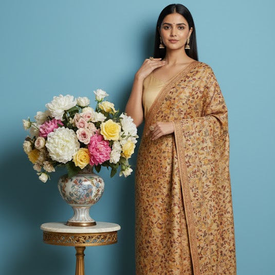 Woman in a patterned saree standing next to a table with flowers against a blue wall.
