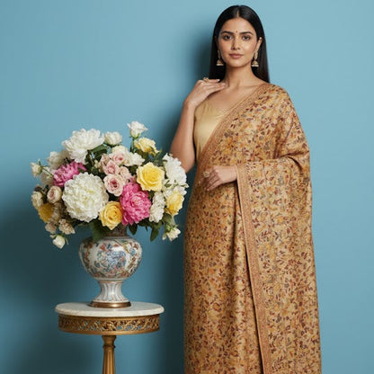 Woman in a patterned saree standing next to a table with flowers against a blue wall.