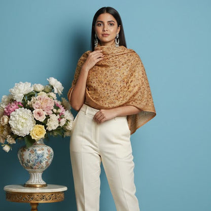 Woman wearing a gold shawl over a beige top and white pants, standing against a blue wall with a floral arrangement on a small table.