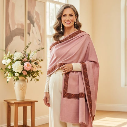 Women’s Wool Blend Shawl - Sozni-Inspired Border – Dusty Rose Pink
