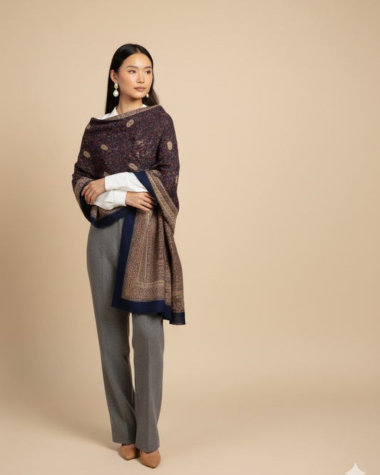 WOMENS FINE WOOL SHAWL WITH KALAMKARI INSPIRED KANI PAISLEY MOTIFS - DARK BLUE