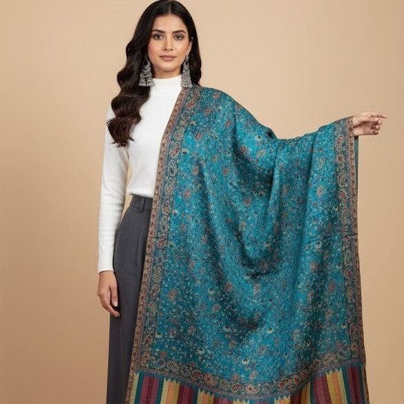 Woman wearing a blue patterned scarf with a beige background