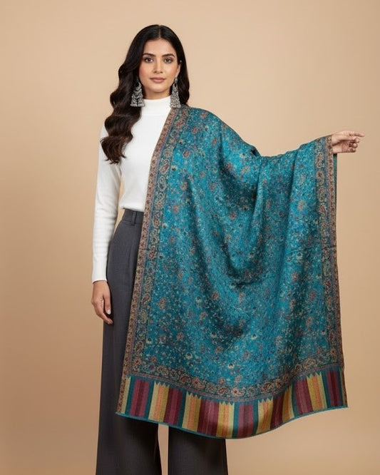 WOMENS SILK BLEND STOLE WITH KANI INSPIRED DESIGN - AZURE BLUE