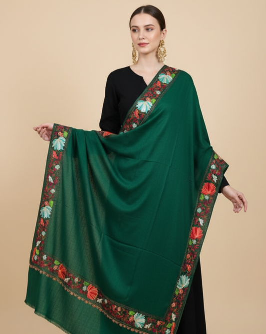 WOMENS NALKI DESIGN BORDER SHAWL - BOTTLE GREEN WITH RED