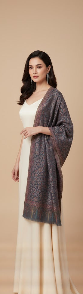 Woman wearing a patterned shawl over a white outfit on a beige background