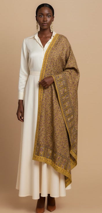 Woman wearing a white dress with a patterned brown shawl on a beige background