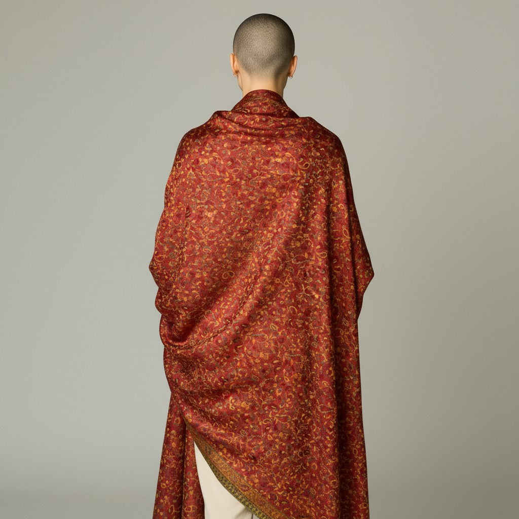 Person draped in a red patterned shawl against a plain background