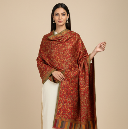 Woman wearing a red and gold patterned shawl over a white outfit on a beige background