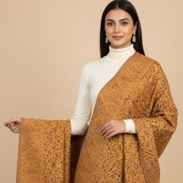 Beautiful yellow kani shawl on a female model