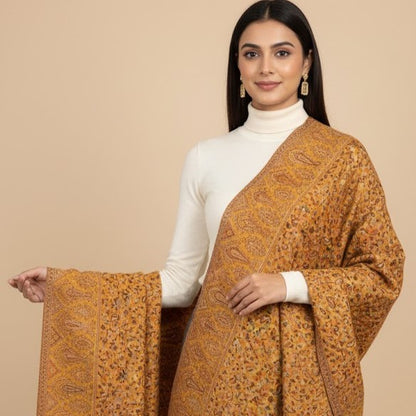 Beautiful yellow kani shawl on a female model