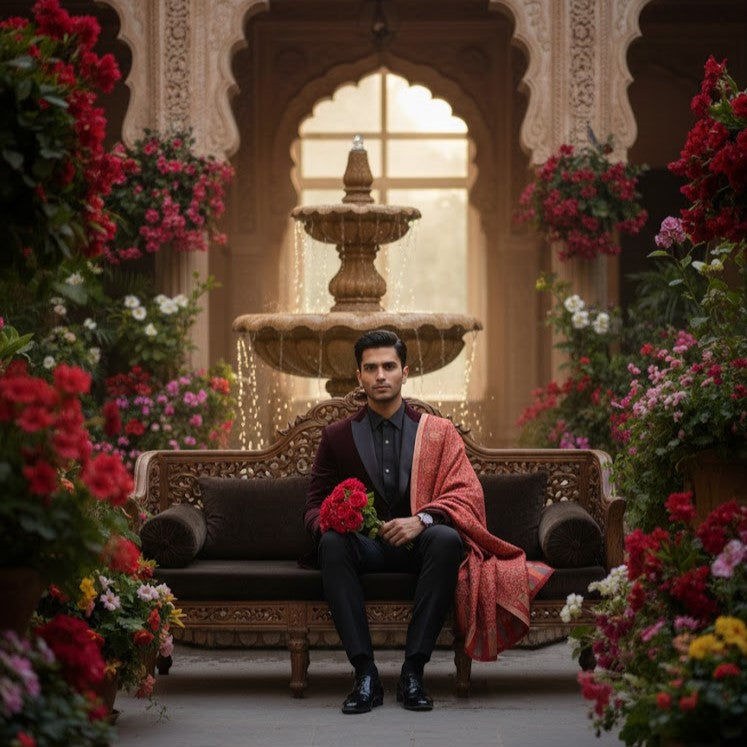 Man sitting on a ornate couch with flowers and a fountain in the background