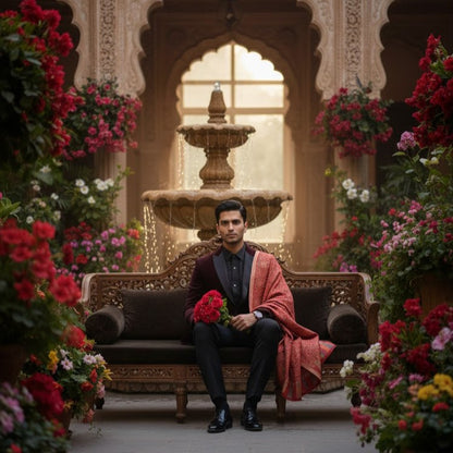 Man sitting on a ornate couch with flowers and a fountain in the background